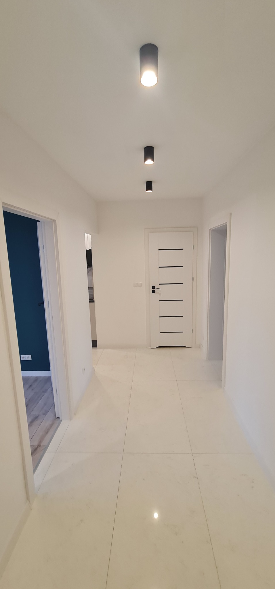 Wnętrze korytarza z białymi ścianami, podłogą z płytek imitujących marmur, białymi drzwiami z poziomymi czarnymi paskami oraz trzema czarnymi lampami sufitowymi typu downlight.