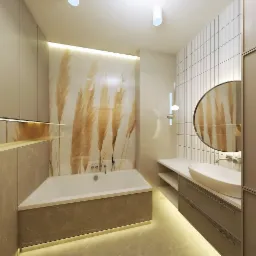 Nowoczesna łazienka z beżowymi szafkami, wanną obudowaną płytkami imitującymi kamień, okrągłym lustrem i tapetą z motywem trawy pampasowej.