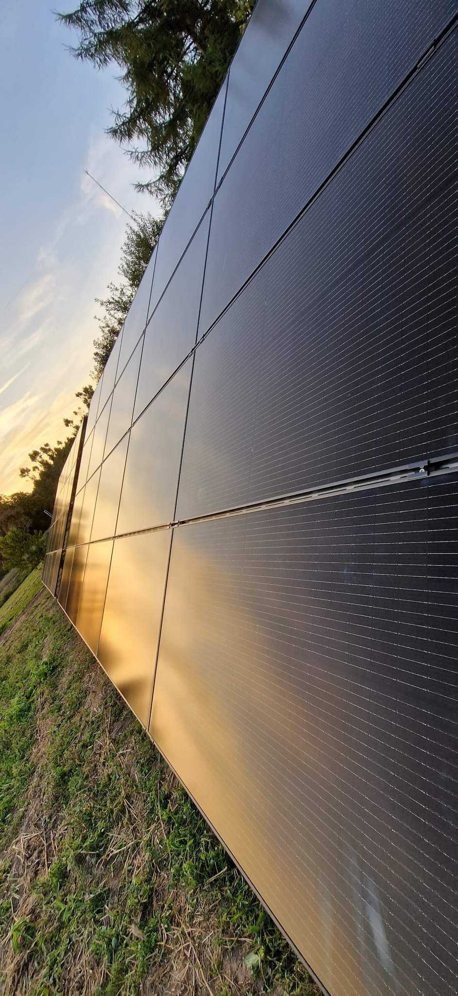 Rząd paneli słonecznych odbijających zachodzące słońce, zamontowanych na gruncie z widoczną trawą i drzewami w tle.