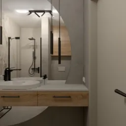 Wizualizacja łazienki z umywalką nablatową, baterią w kolorze czarnym, marmurową ścianą i dekoracyjnymi lampami wiszącymi, odbicie kabiny prysznicowej w lustrze.