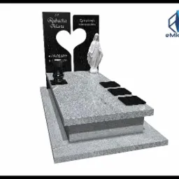 Wizualizacja 3D nagrobka z szarego kamienia z wyciętym sercem, wazą i figurką Matki Boskiej.