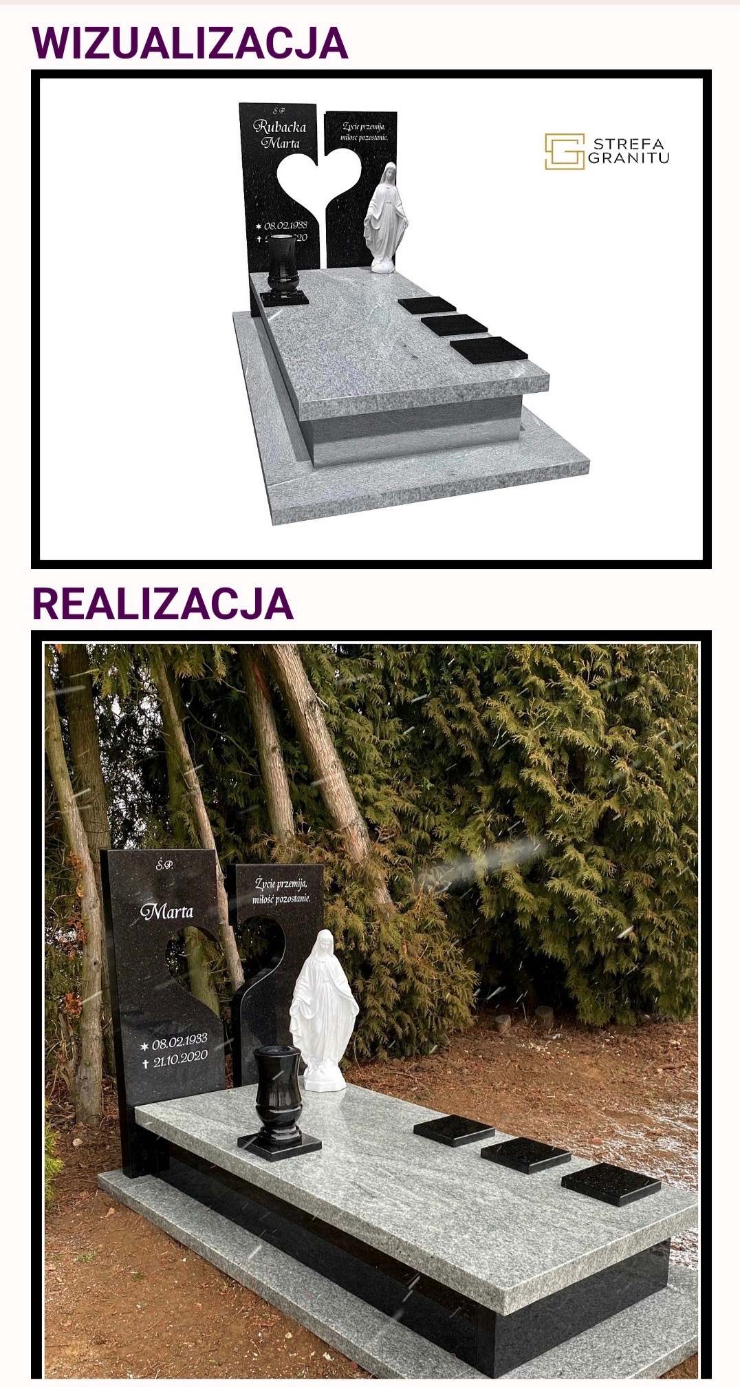 Porównanie wizualizacji 3D i zdjęcia nagrobka z szarego granitu z czarnymi elementami, z rzeźbą anioła i wazonem, na tle drzew. Napis: Marta Rubacka.