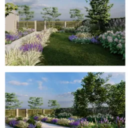 Wizualizacja ogrodu z prostą ścieżką z jasnych płyt, obustronnie obsadzoną trawami ozdobnymi i fioletowymi kwiatami, w tle zielony trawnik i drzewa.