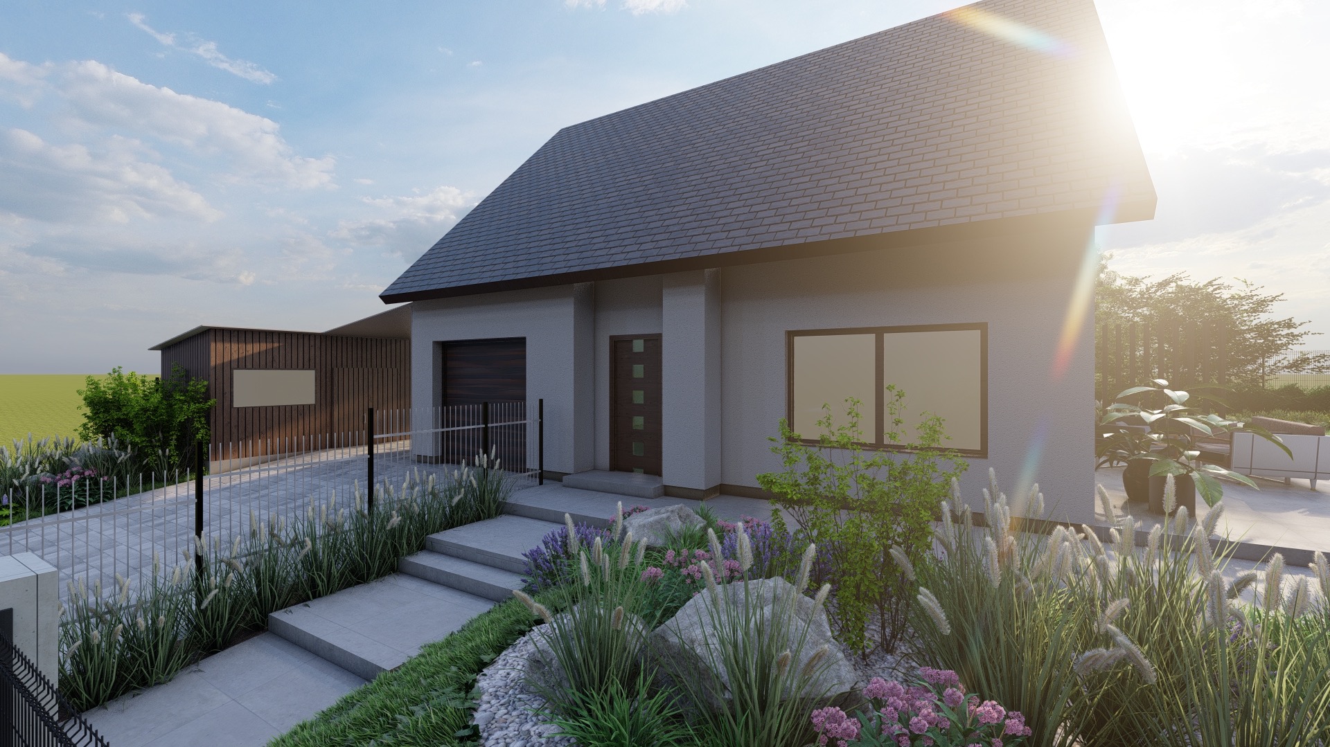 Wizualizacja domu jednorodzinnego z ogrodem frontowym, uwzględniająca nasadzenia ozdobne z kamieniami i trawami, widok z poziomu gruntu, słoneczny dzień.