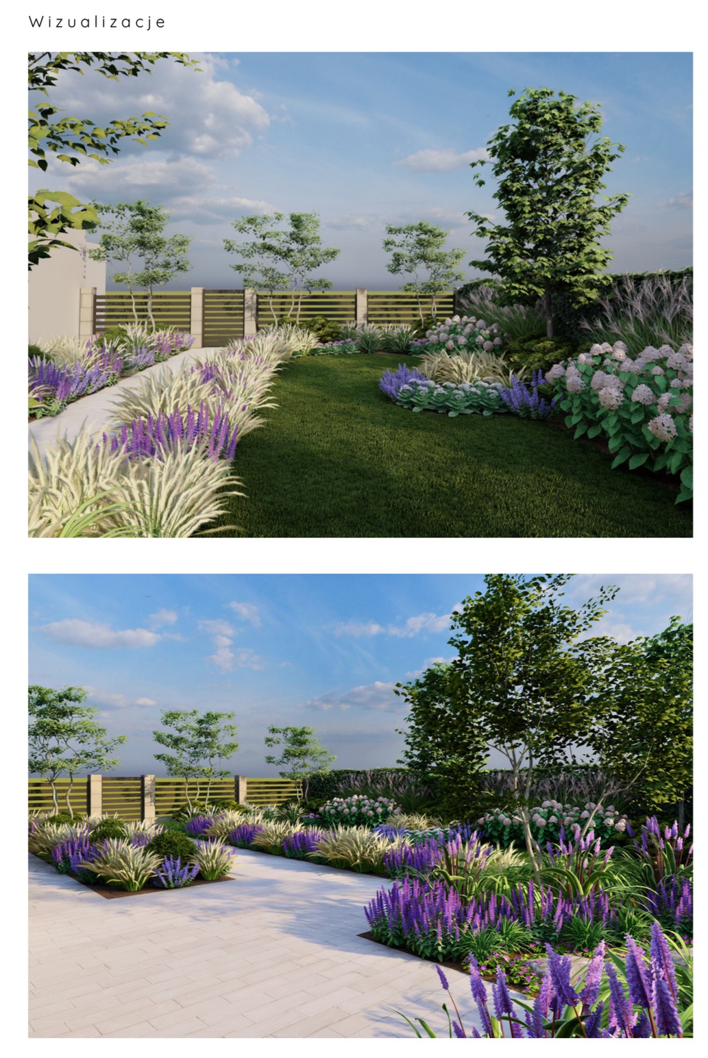 Wizualizacja ogrodu z prostą ścieżką z jasnych płyt, obustronnie obsadzoną trawami ozdobnymi i fioletowymi kwiatami, w tle zielony trawnik i drzewa.