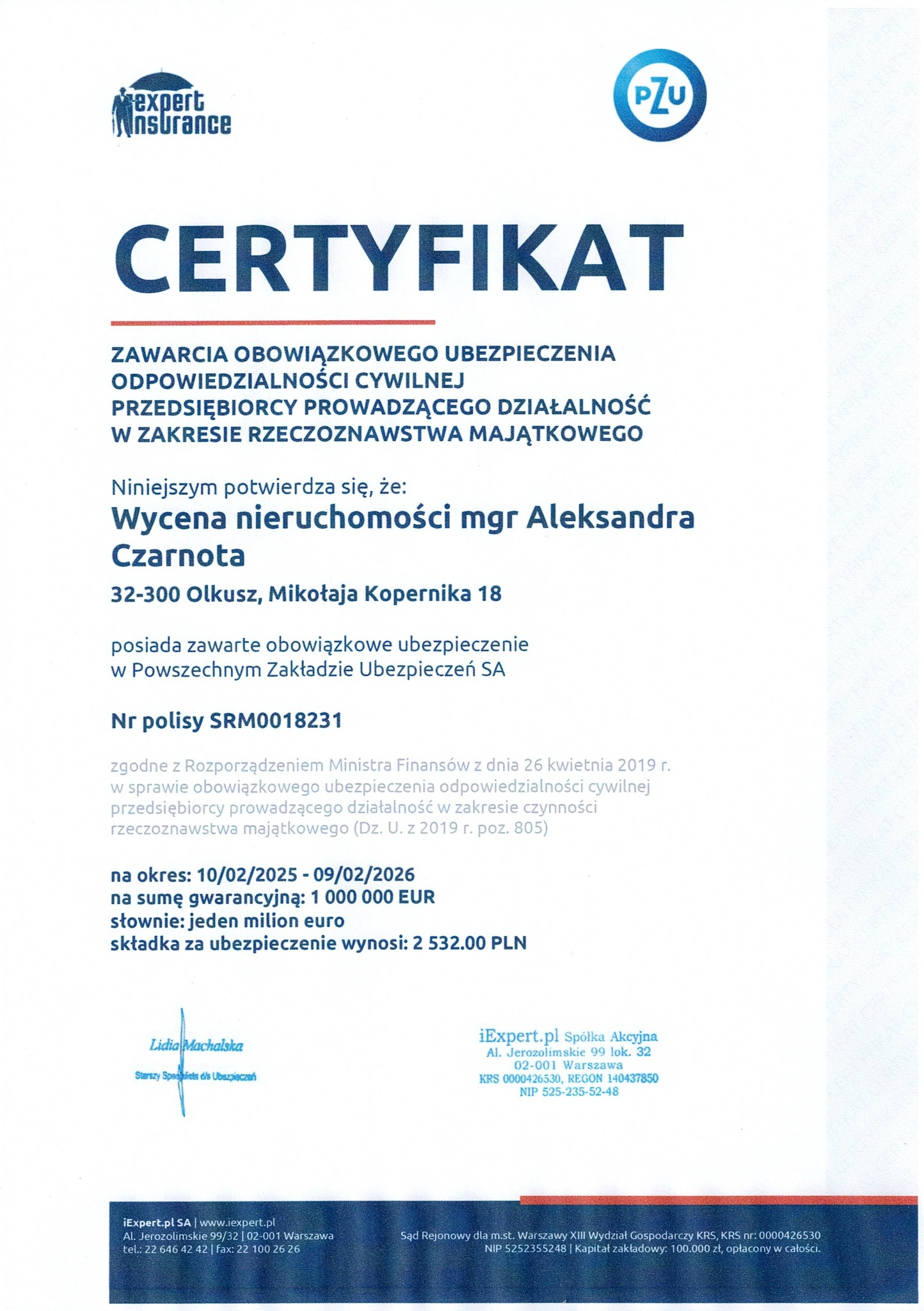 Certyfikat ubezpieczenia OC dla przedsiębiorcy rzeczoznawstwa majątkowego, wystawiony przez iExpert.pl, potwierdzający wycenę nieruchomości mgr Czarnoty.