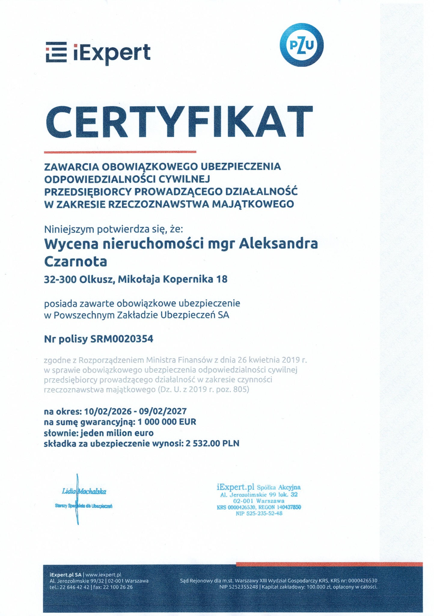 Certyfikat ubezpieczenia OC dla rzeczoznawcy majątkowego iExpert.pl, potwierdzający zawarcie polisy na sumę gwarancyjną 1 000 000 EUR, ważnej do 09.02.2027.