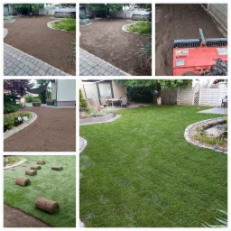 Kolaż zdjęć przedstawiający etapy zakładania trawnika z rolki: przygotowanie podłoża, wyrównywanie gleby maszyną, układanie rolek trawy i efekt końcowy - gęsty, zielony trawnik w ogrodzie z oczkiem...