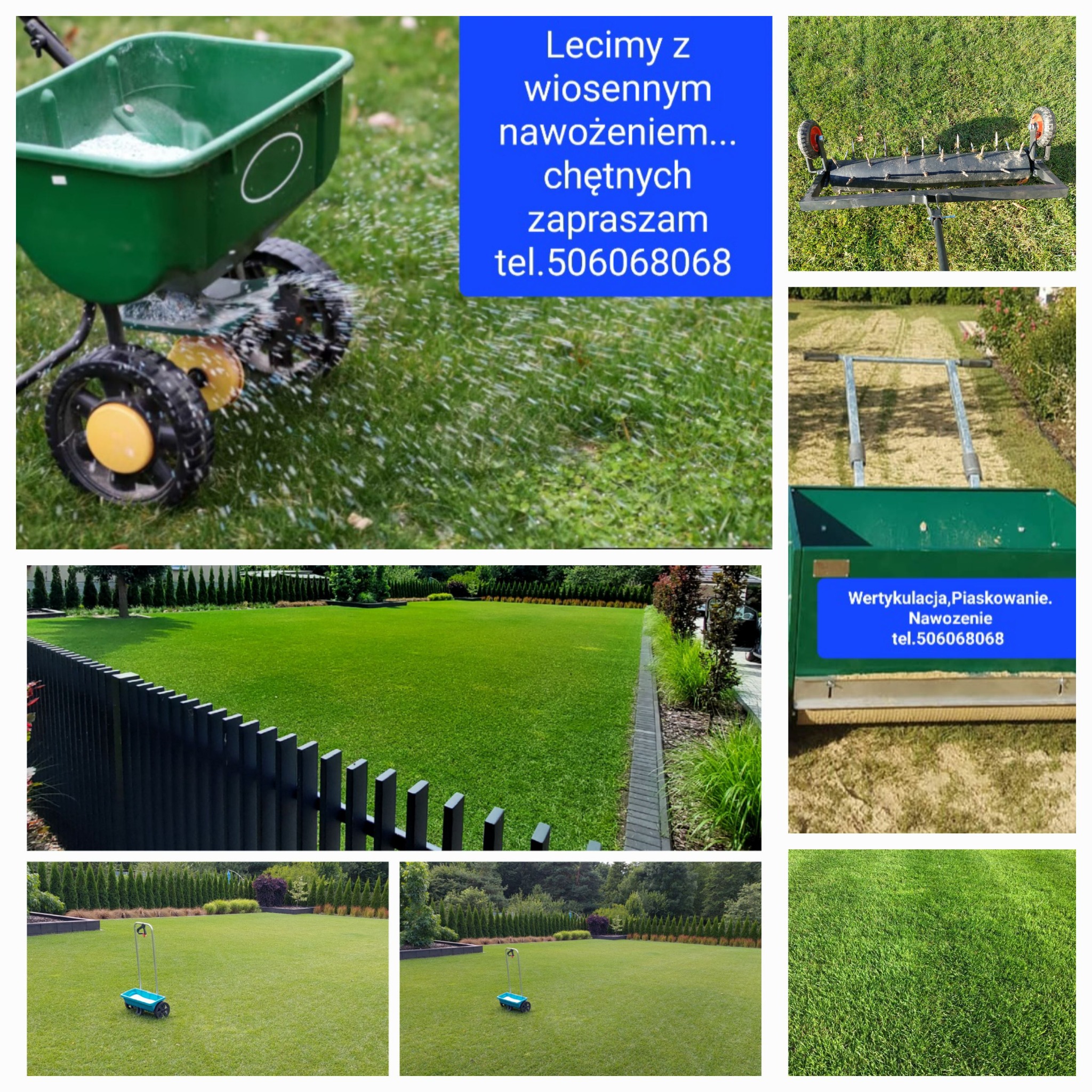Kompozycja zdjęć ukazujących proces pielęgnacji trawnika: nawożenie za pomocą rozsiewacza, wertykulacja oraz efekt końcowy - idealnie zielony trawnik z eleganckim ogrodzeniem.