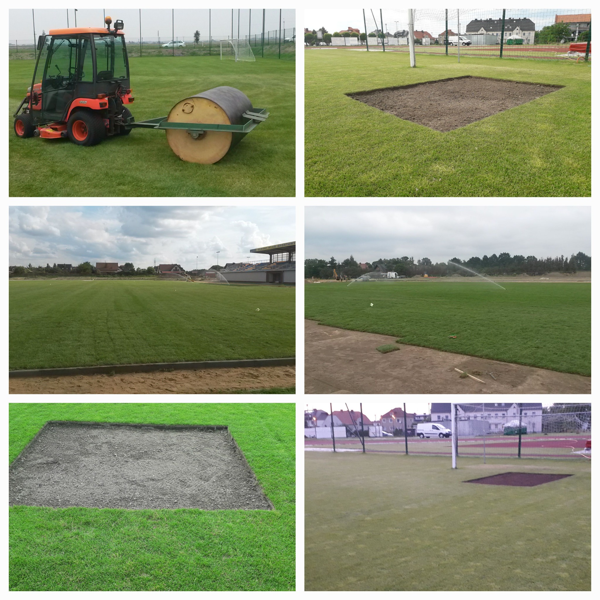 Układanie trawy z rolki na boisku sportowym, widoczny traktor z walcem, nawadnianie oraz fragmenty boiska z przygotowanym podłożem.