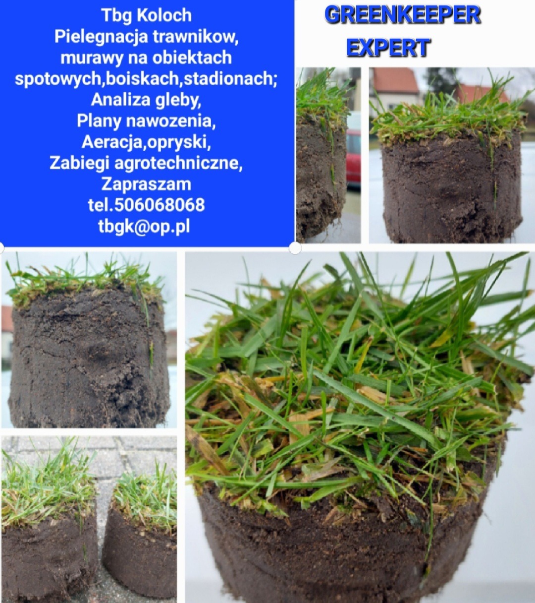 Kompilacja zdjęć prezentujących próbki darni z rolki, ukazujące przekrój korzeni i strukturę gleby, z tekstem reklamowym firmy specjalizującej się w pielęgnacji trawników na obiektach sportowych.