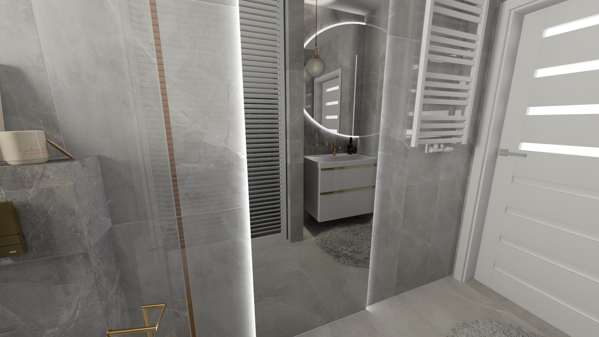 Elegancka łazienka w odcieniach szarości z marmurowymi płytkami, okrągłym lustrem z podświetleniem LED i białą szafką pod umywalką z złotymi akcentami.