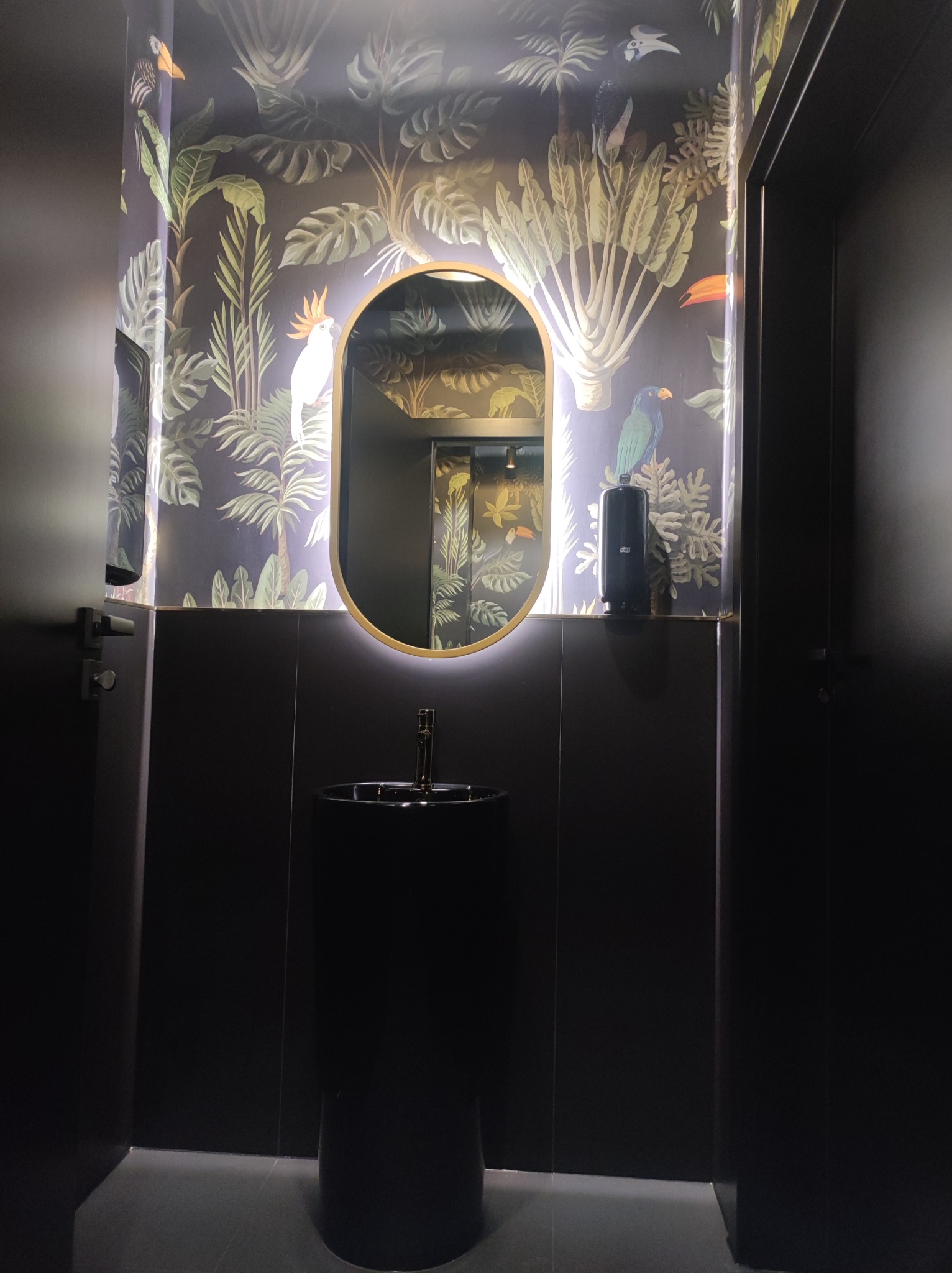 Nowoczesna łazienka z czarną umywalką kolumnową, podświetlanym lustrem w złotej ramie i tapetą w tropikalne wzory z motywami ptaków
