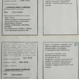 Skan dokumentu potwierdzającego kwalifikacje elektryczne Dariusza Lewandowskiego do obsługi, konserwacji, remontów i montażu urządzeń, instalacji i sieci elektroenergetycznych do 1 kV.