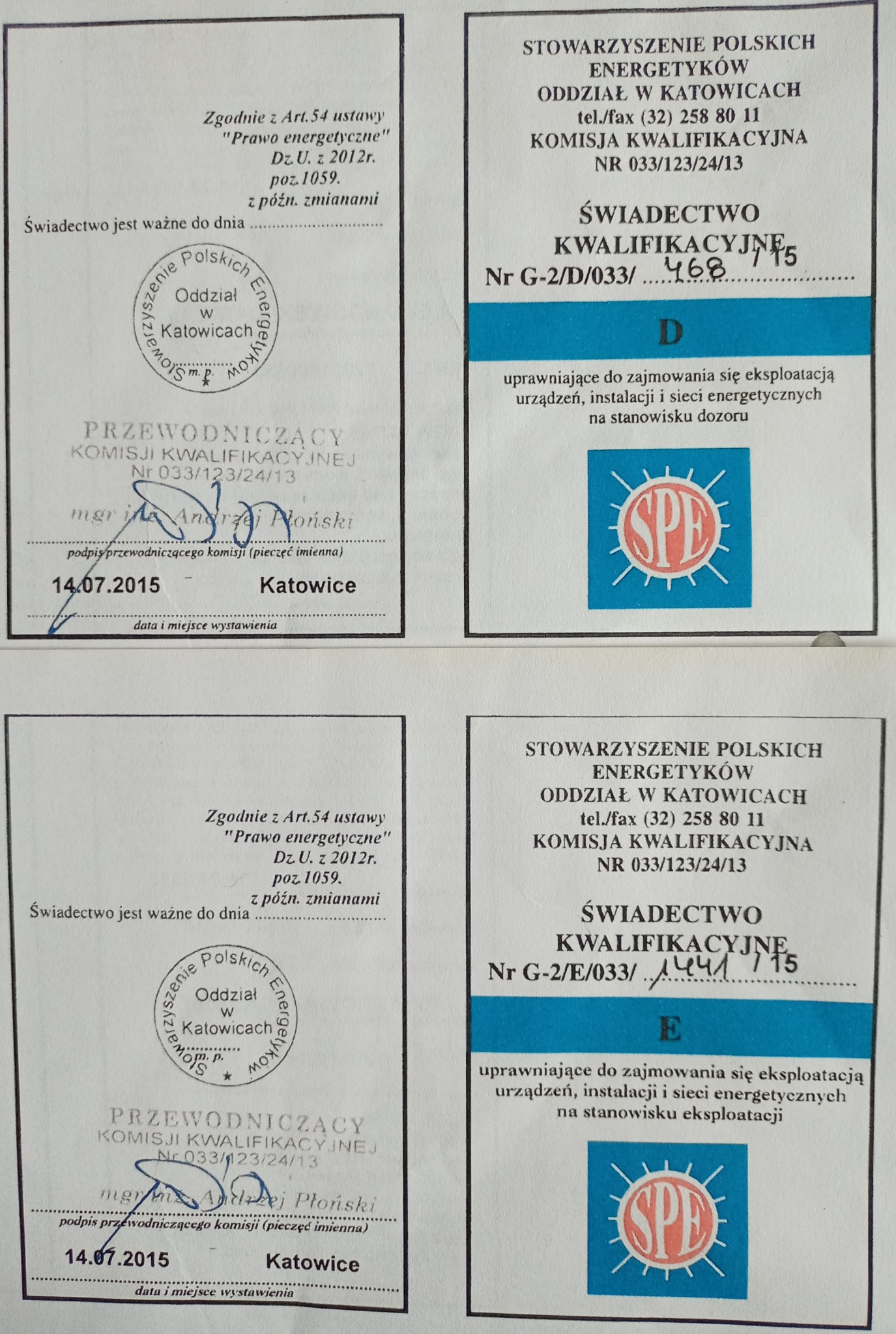 Skan dokumentu: Świadectwo Kwalifikacyjne Stowarzyszenia Polskich Energetyków w Katowicach, uprawniające do zajmowania się eksploatacją urządzeń, instalacji i sieci energetycznych na stanowisku...