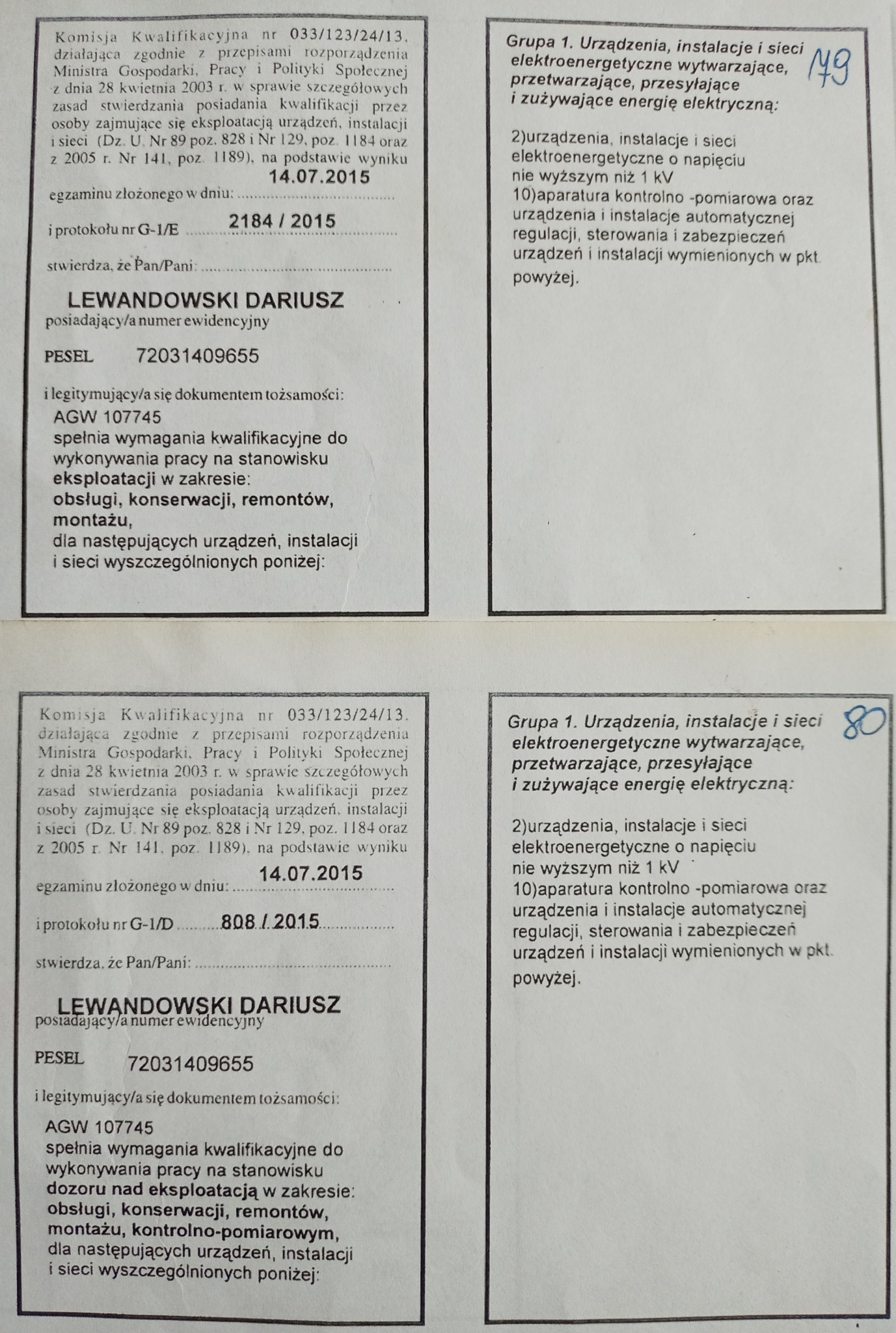 Skan dokumentu potwierdzającego kwalifikacje elektryczne Dariusza Lewandowskiego do obsługi, konserwacji, remontów i montażu urządzeń, instalacji i sieci elektroenergetycznych do 1 kV.