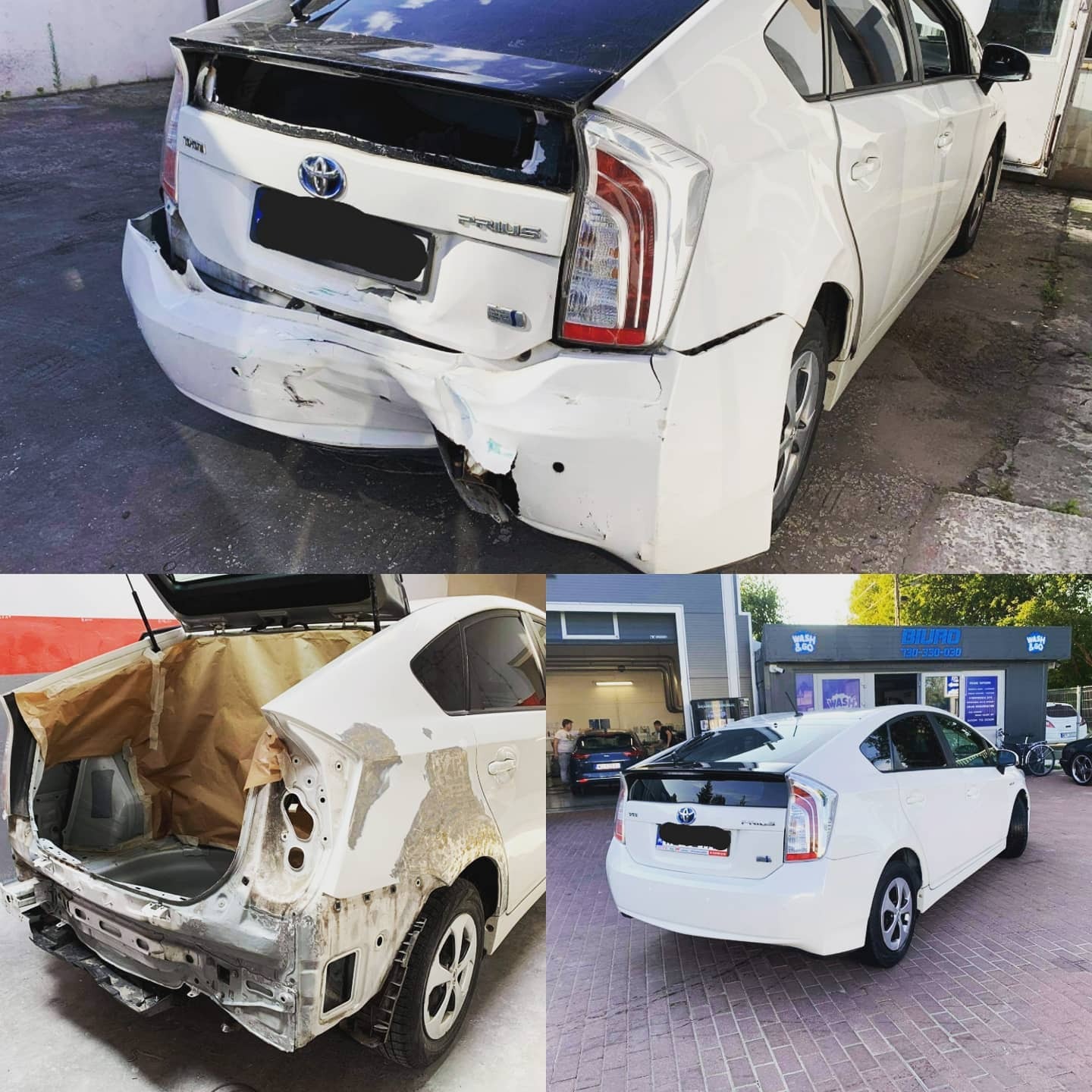 Kolaż przedstawia biały samochód marki Toyota Prius w trzech różnych stanach: po uszkodzeniu tylnej części, w trakcie naprawy z odsłoniętą karoserią i zabezpieczoną papierem, oraz po naprawie...