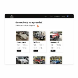 Strona internetowa z ofertą sprzedaży samochodów klasycznych: Chevrolet Corvette, Ford Maverick, Jeep Wrangler TJ, z informacjami o roczniku, przebiegu i mocy silnika.