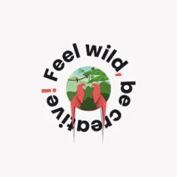 Minimalistyczny projekt graficzny z dwoma czerwonymi papugami origami w okręgu z tropikalnym tłem i hasłem 'Feel wild, be creative!' na białym tle z elementami dekoracyjnymi.