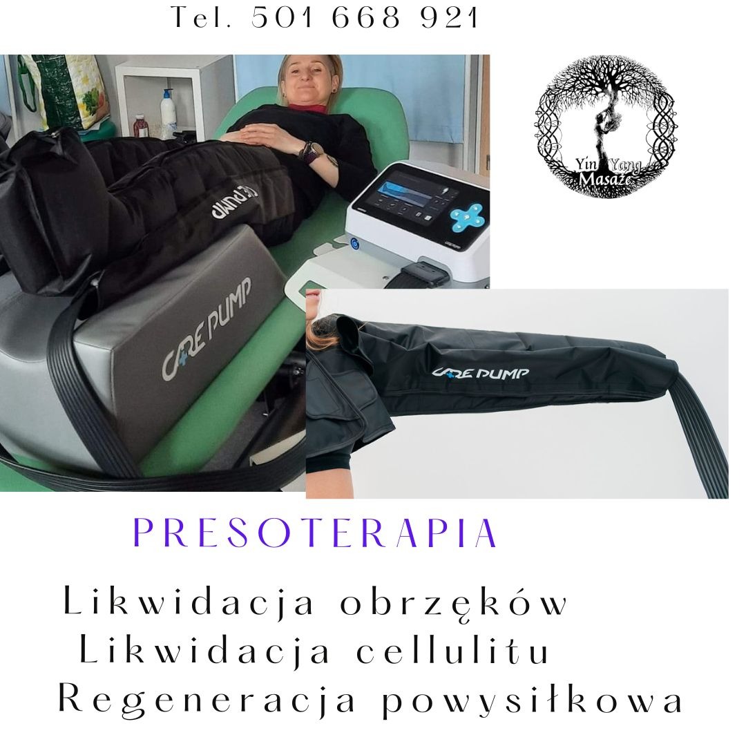 Kobieta poddawana zabiegowi presoterapii z użyciem urządzenia Care Pump, widoczne nogawki uciskowe i panel sterowania, na plakacie dodatkowo logo firmy Yin Yang Masaże.