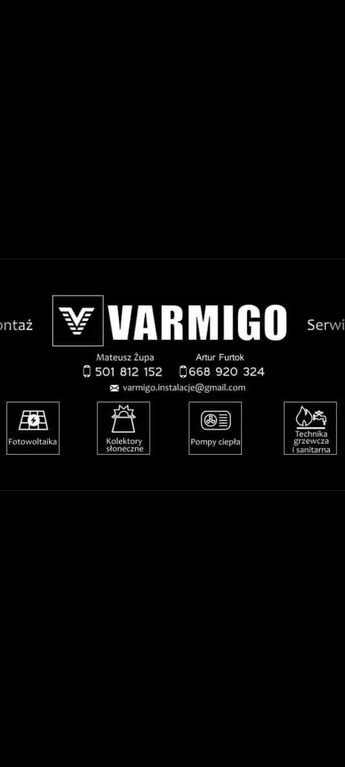 Czarno-biała wizytówka firmy Varmigo z logo i danymi kontaktowymi Mateusza Żupy i Artura Furtoka, oferującej fotowoltaikę, kolektory słoneczne, technikę grzewczą i sanitarną.