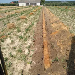 Długi, wąski wykop w polu z belami siana i budynkiem w tle, wykonany prawdopodobnie pod drenaż.