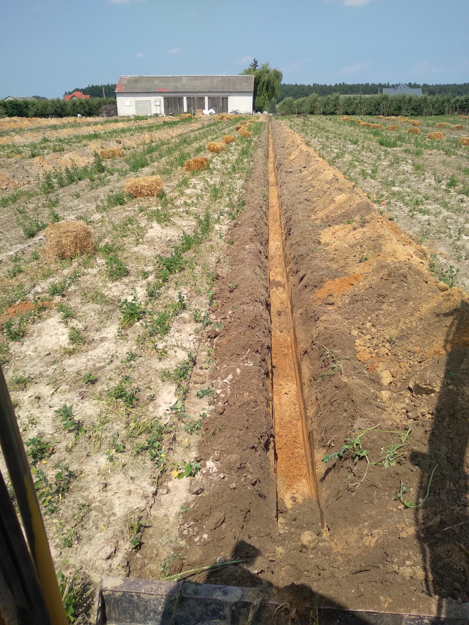 Długi, wąski wykop w polu z belami siana i budynkiem w tle, wykonany prawdopodobnie pod drenaż.