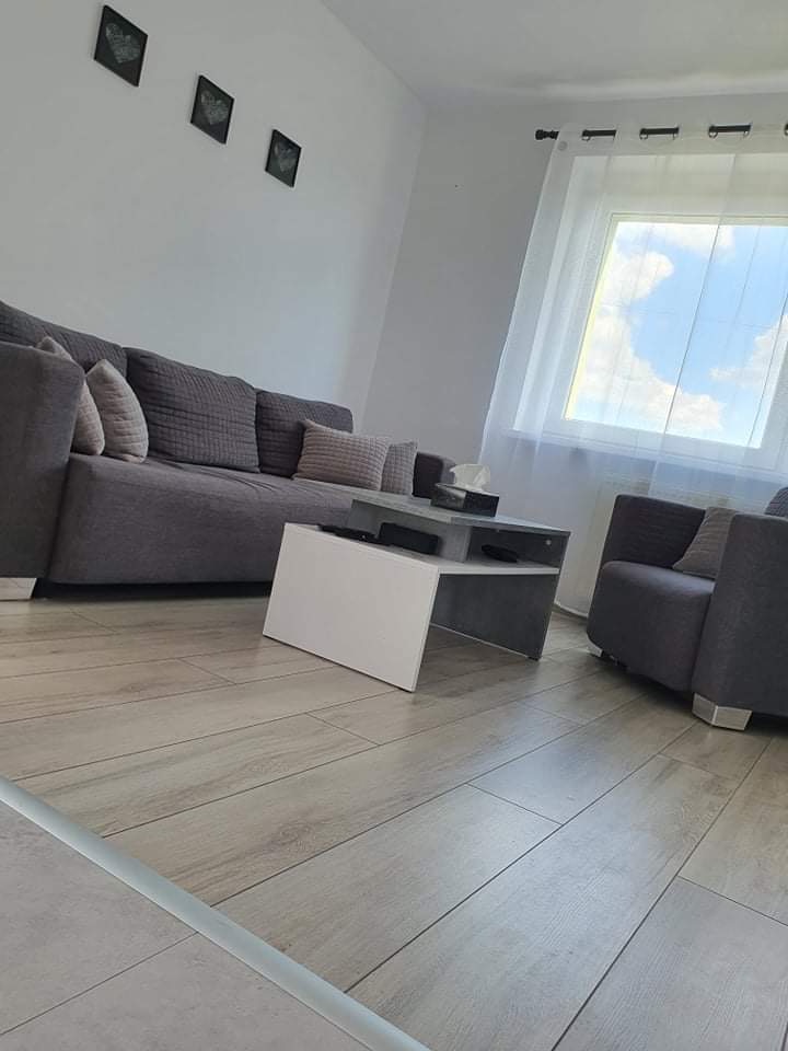 Jasne panele podłogowe w salonie z szarą sofą, fotelem i stolikiem kawowym, na ścianie trzy czarne obrazki w kształcie serc, okno z białymi firankami.