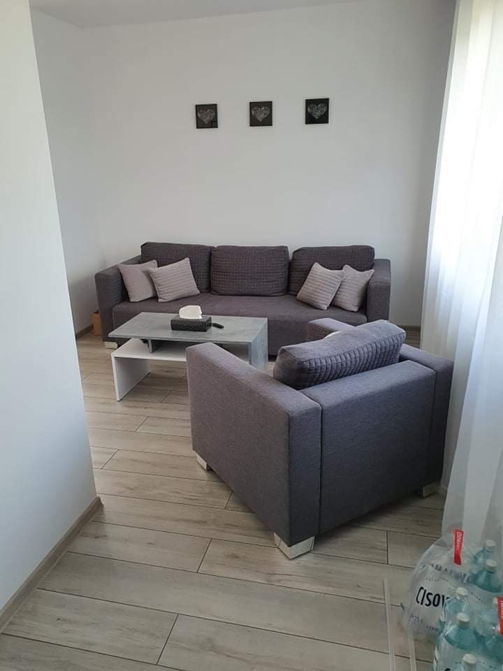 Szary narożnik i fotel w minimalistycznym salonie z drewnopodobną podłogą, trzy czarne obrazki z motywem serca na białej ścianie, stolik kawowy i butelki wody mineralnej w rogu pokoju.