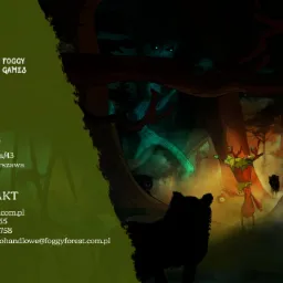 Ilustracja firmy Mystic Foggy Forest Games przedstawiająca mroczny las z fantastycznymi postaciami, w tym drzewca z lampionem i sylwetkę czarnego wilka w tle. Po lewej stronie dane kontaktowe firmy.