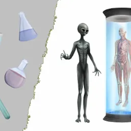 Ilustracja przedstawia szarego humanoida obok przezroczystego cylindra z wizualizacją ludzkiego ciała z widocznym układem krwionośnym i organami wewnętrznymi, w tle laboratoryjne szkło i DNA.