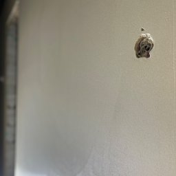 Anna&Piotr Tynk - Świeżo nałożona, jasna powierzchnia ściany z widocznym, niezakrytym otworem na puszkę elektryczną, z wystającymi kablami i fragmentami gruzu.