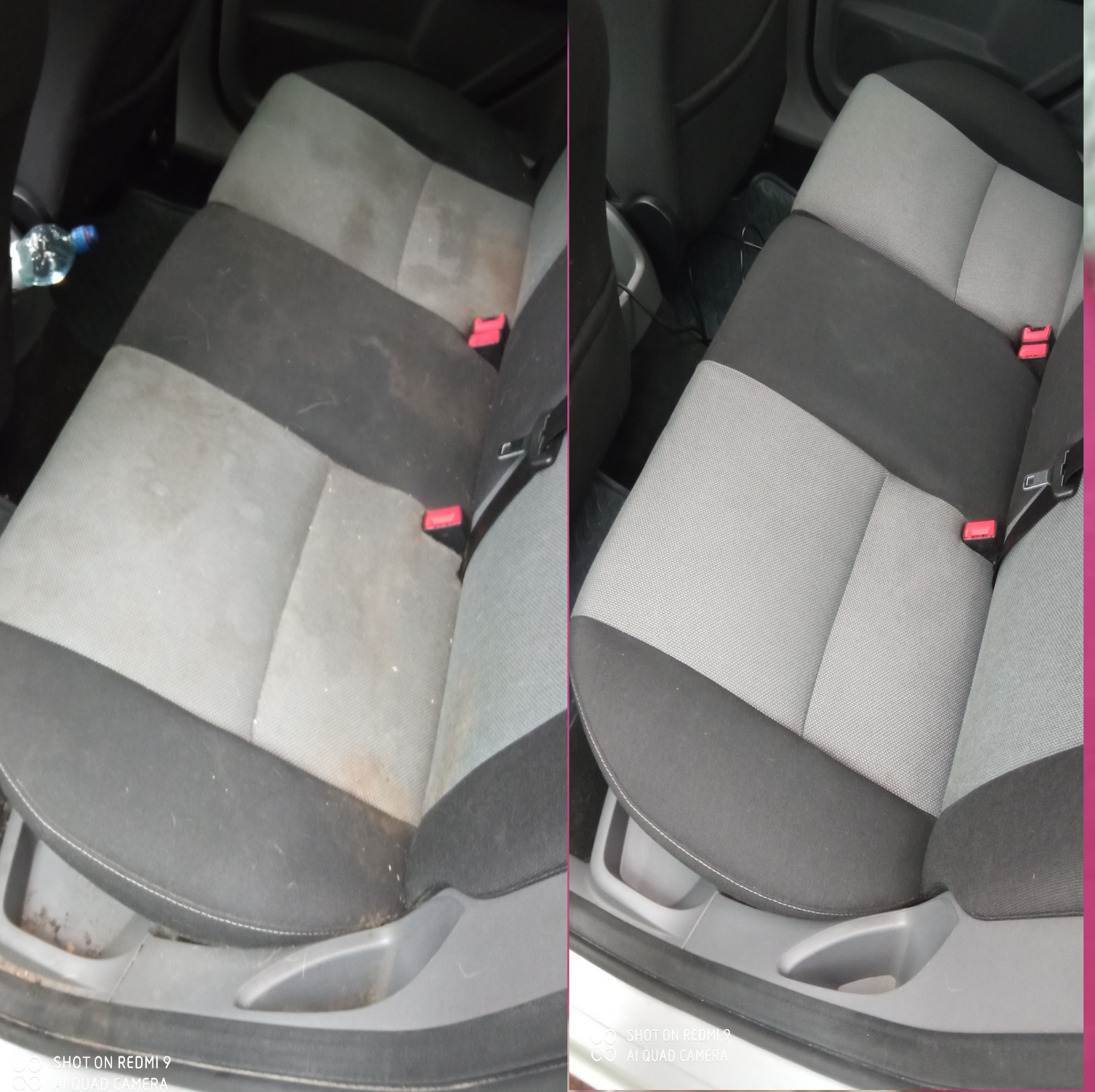 Porównanie tylnej kanapy samochodowej przed i po czyszczeniu, widoczne wyraźne różnice w czystości tapicerki.