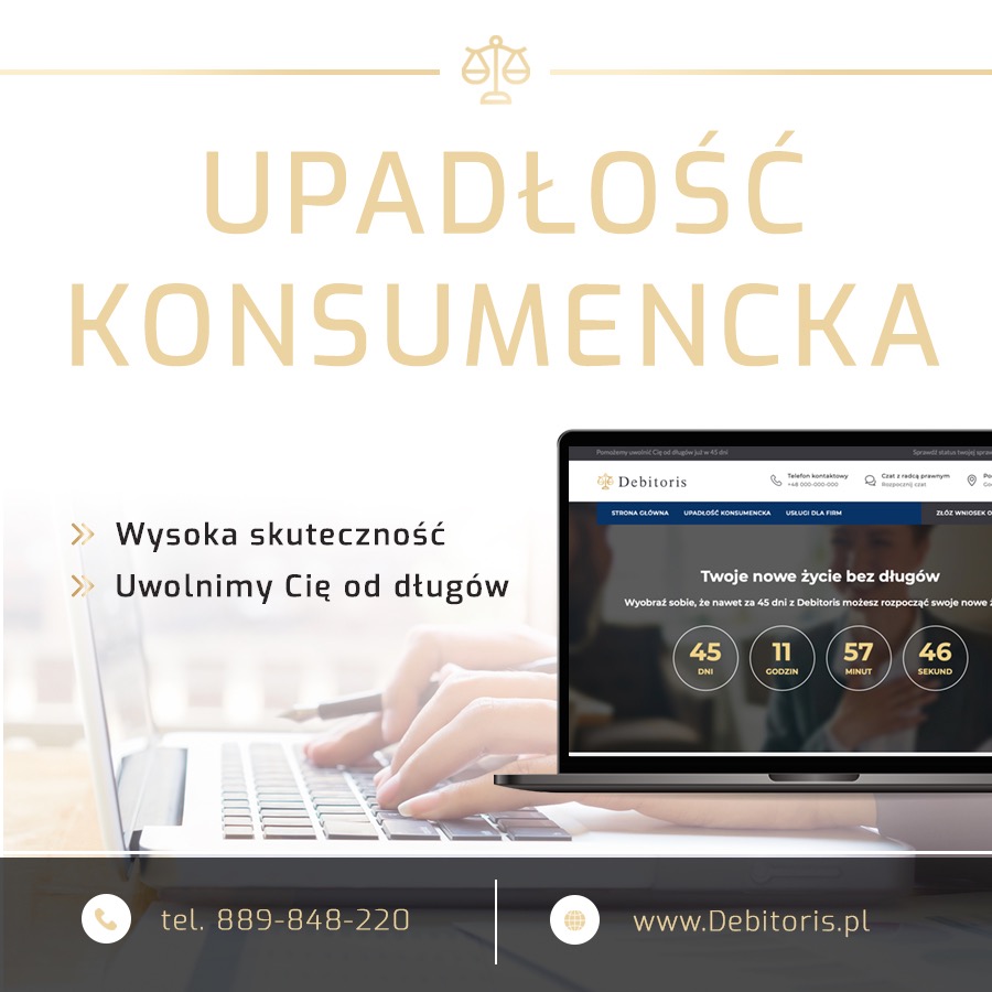 Laptop z otwartą stroną internetową Debitoris.pl, prezentującą licznik odmierzający czas do rozpoczęcia nowego życia bez długów, dłonie piszące na klawiaturze, hasła 'Wysoka skuteczność'...