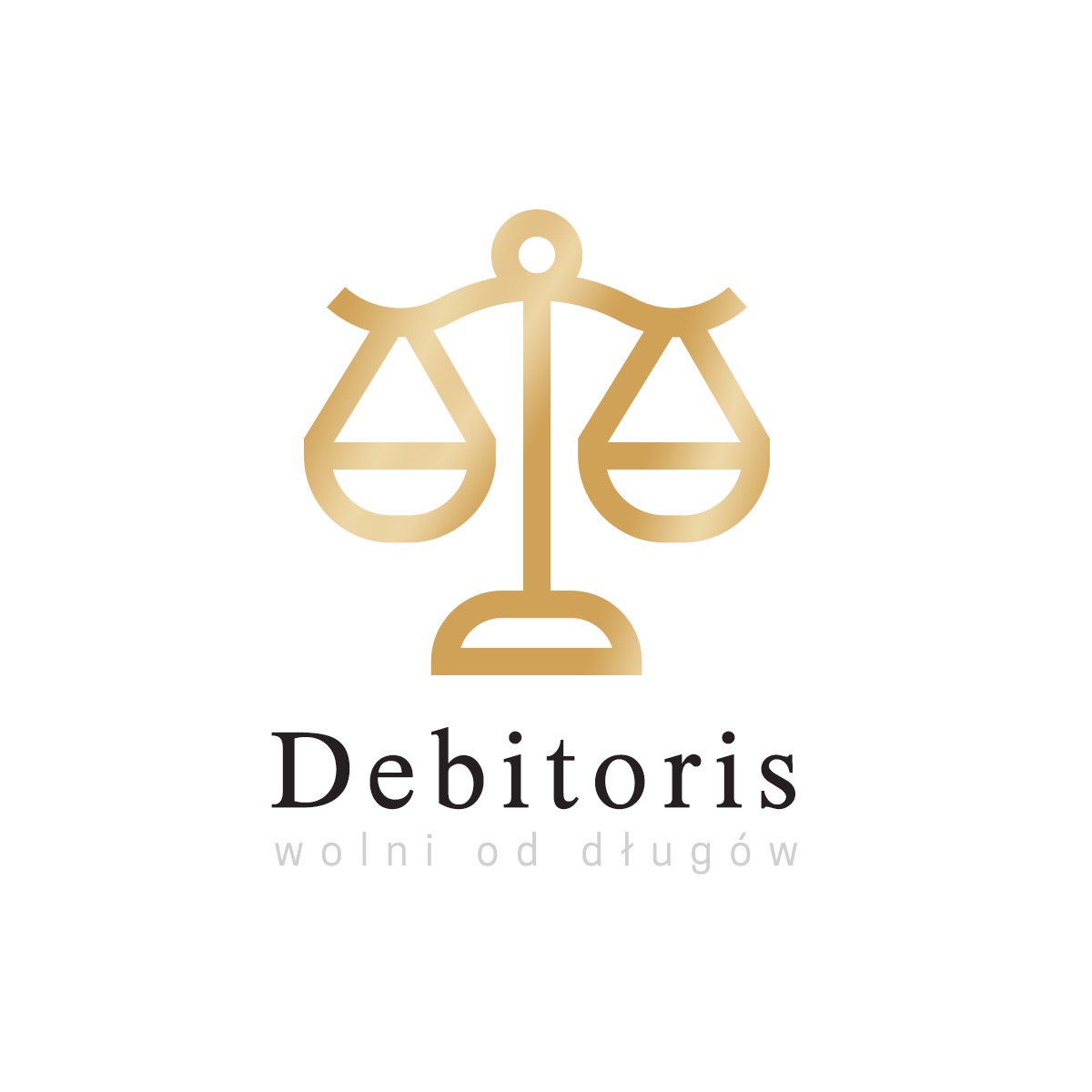Złote wagi sprawiedliwości nad napisem 'Debitoris wolni od długów', logo firmy.