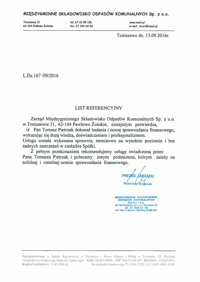 Skan dokumentu referencyjnego dla oceny sprawozdania finansowego, wydanego przez Międzygminne Składowisko Odpadów Komunalnych Sp. z o.o., z podpisem Prezesa Zarządu Waldemara Szygenda.