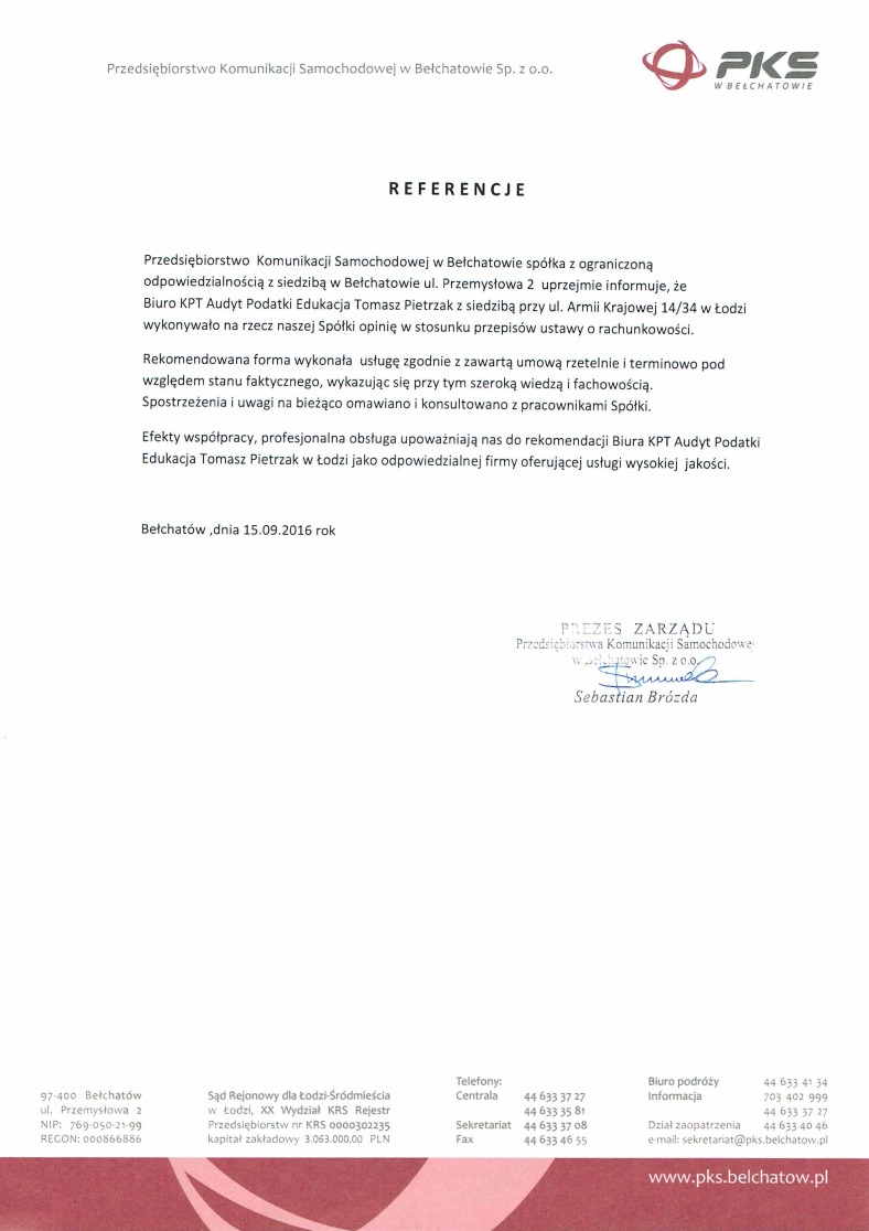 Skan dokumentu referencyjnego od Przedsiębiorstwa Komunikacji Samochodowej w Bełchatowie dla Biura KPT Audyt Podatki Edukacja Tomasz Pietrzak, z podpisem Prezesa Zarządu.