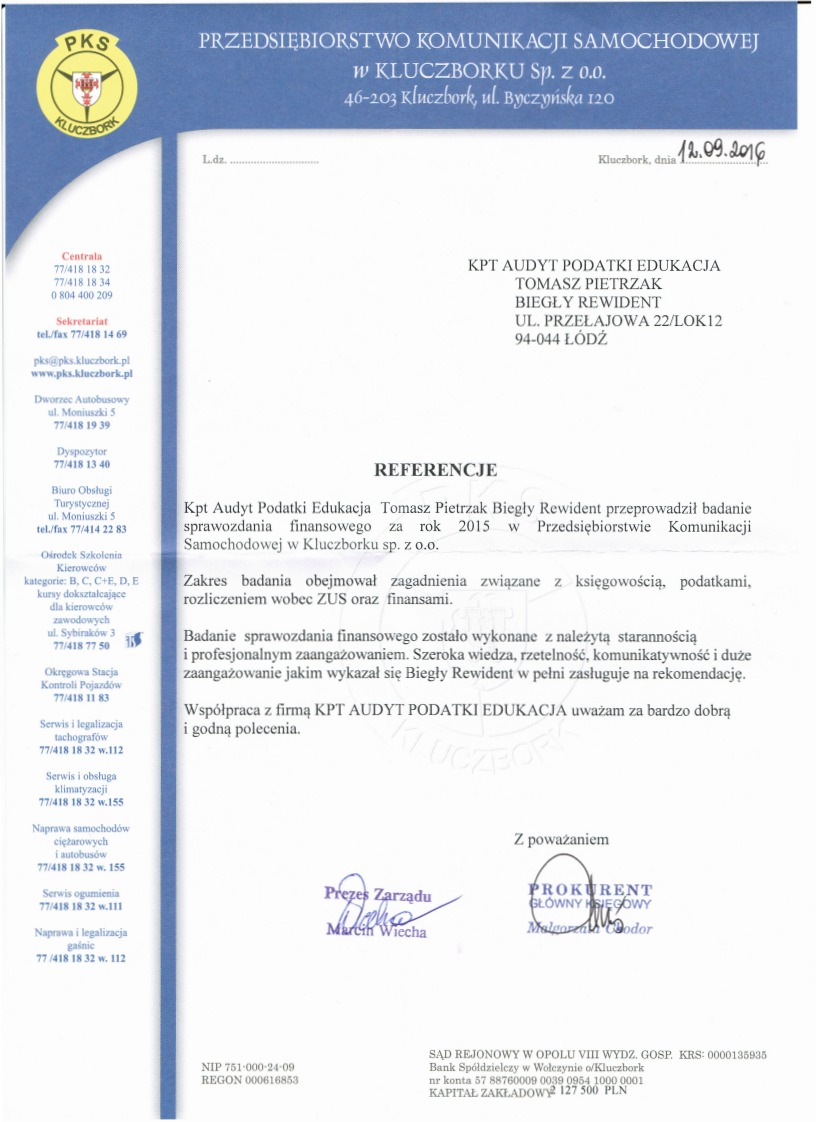 Skan dokumentu referencyjnego od Przedsiębiorstwa Komunikacji Samochodowej w Kluczborku dla KPT Audyt Podatki Edukacja Tomasz Pietrzak Biegły Rewident, z pieczęciami i podpisami Prezesa Zarządu...