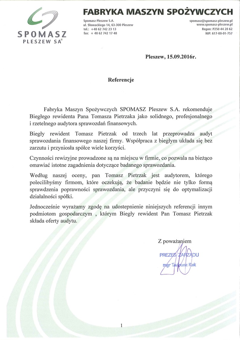 Skan dokumentu referencyjnego od Fabryki Maszyn Spożywczych SPOMASZ Pleszew S.A. dla Biegłego Rewidenta Tomasza Pietrzaka, datowany na 15.09.2016, z podpisem Prezesa Zarządu mgr Tadeusza Raka.