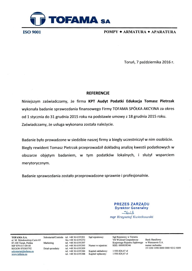 Skan dokumentu referencyjnego od firmy TOFAMA SA dla KPT Audyt Podatki Edukacja Tomasz Pietrzak za badanie sprawozdania finansowego w 2015 roku, z podpisem Prezesa Zarządu i danymi kontaktowymi...