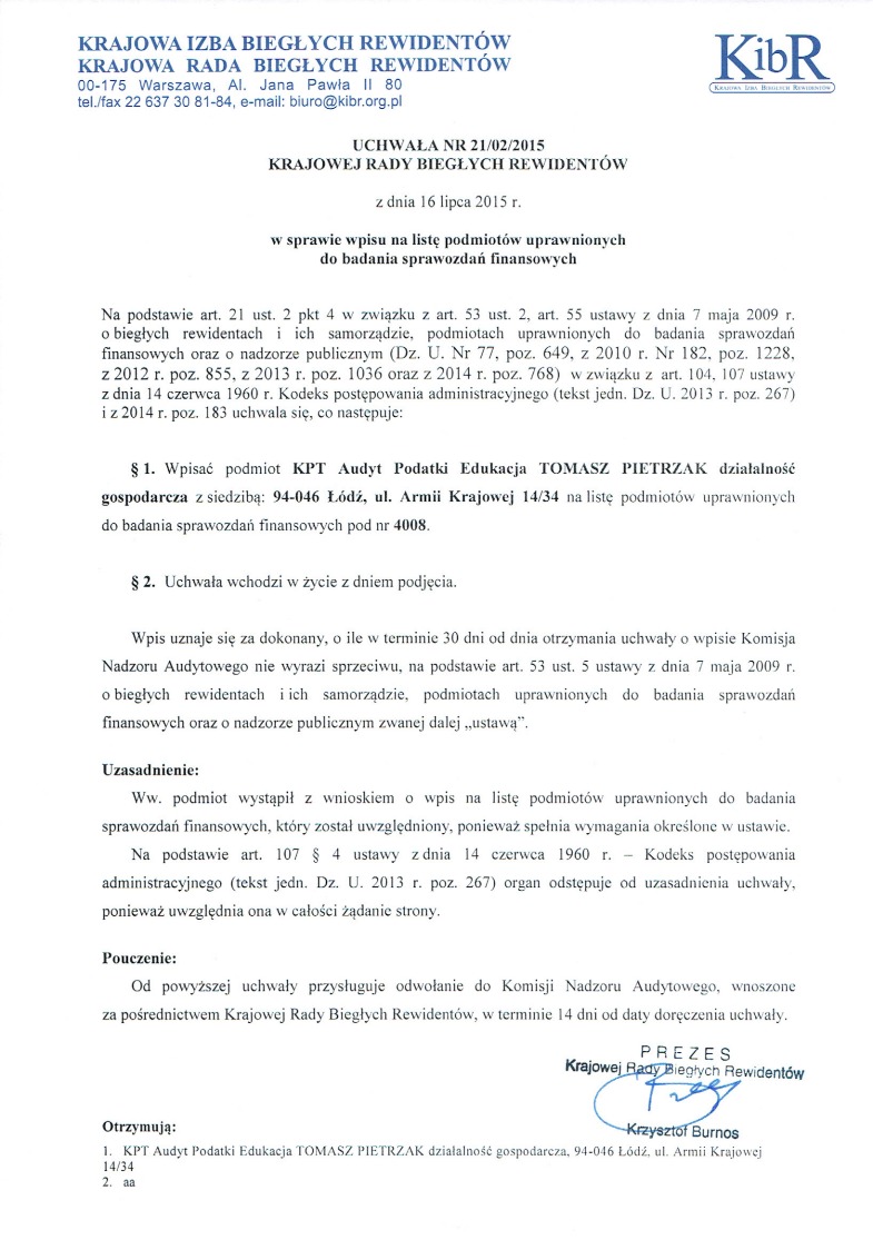 Skan uchwały Krajowej Rady Biegłych Rewidentów z Łodzi, dotyczącej wpisu na listę podmiotów uprawnionych do badania sprawozdań finansowych, z widocznym podpisem Prezesa Krzysztofa Burnosa.