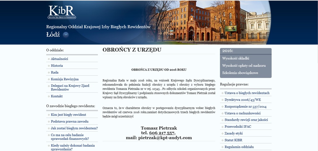 Strona internetowa Regionalnego Oddziału Krajowej Izby Biegłych Rewidentów w Łodzi, prezentująca informacje o oddziale, zawodzie biegłego rewidenta, obrońcach z urzędu, wysokości składki...