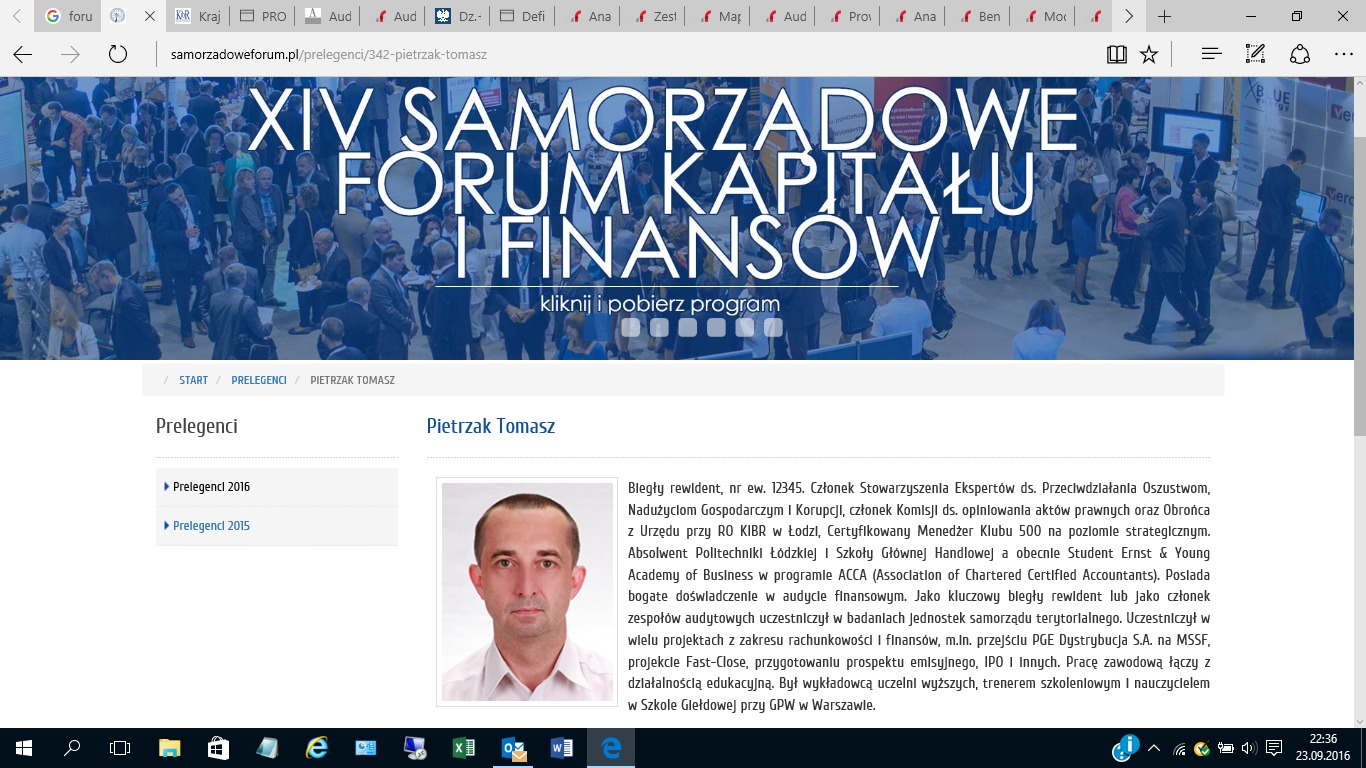 Strona internetowa z informacjami o Pietrzaku Tomaszu, prelegencie XIV Samorządowego Forum Kapitału i Finansów, z jego zdjęciem i opisem doświadczenia zawodowego w audycie finansowym i rachunkowości.