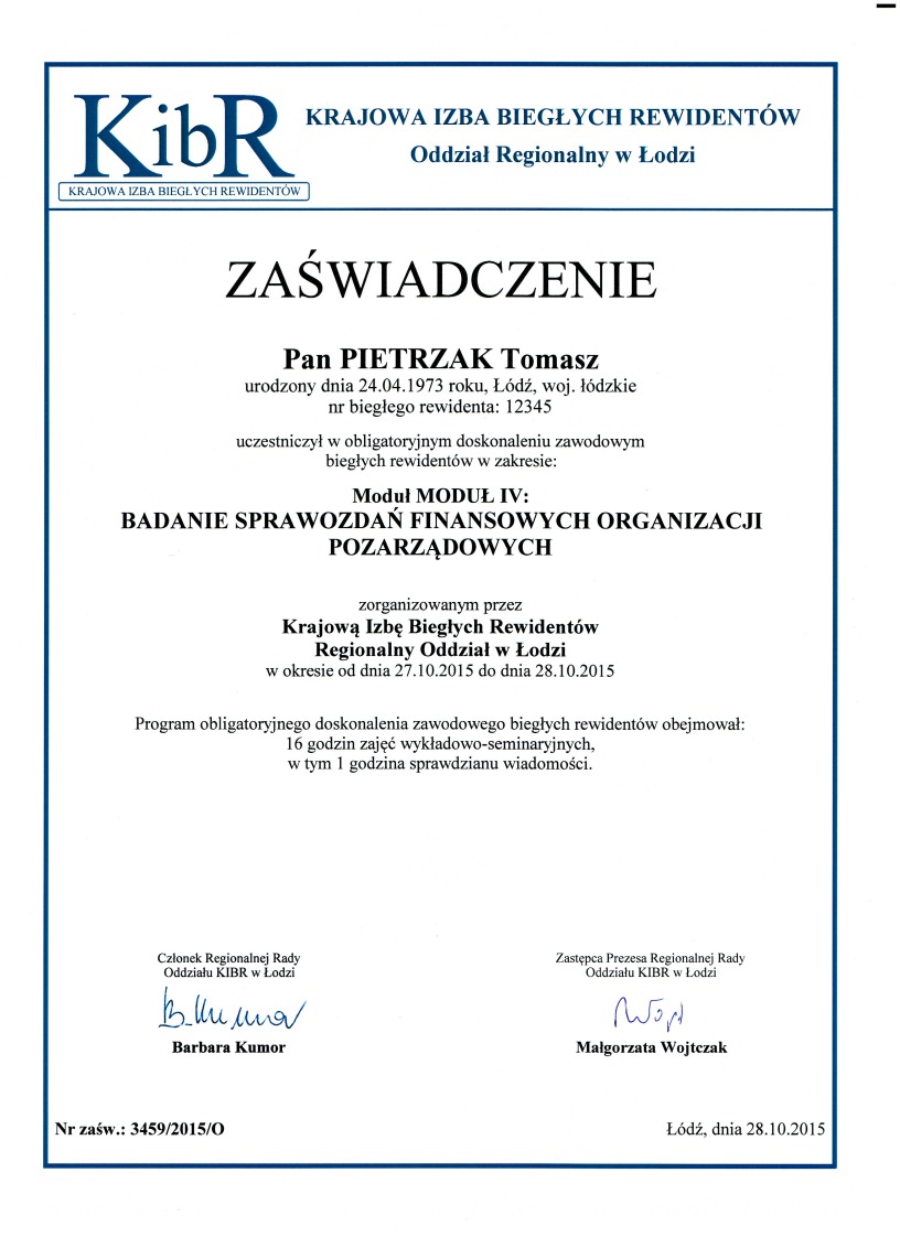 Skan zaświadczenia o ukończeniu obligatoryjnego doskonalenia zawodowego biegłych rewidentów, wydanego przez Krajową Izbę Biegłych Rewidentów Oddział Regionalny w Łodzi, z podpisami Barbary Kumor...