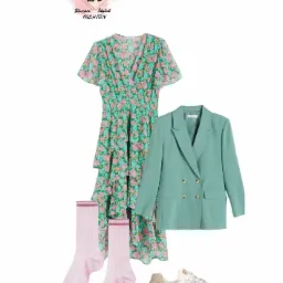 Kompozycja ubrań: kwiecista sukienka z falbanami, miętowa marynarka dwurzędowa, różowe skarpetki i beżowo-białe sneakersy New Balance, na białym tle.