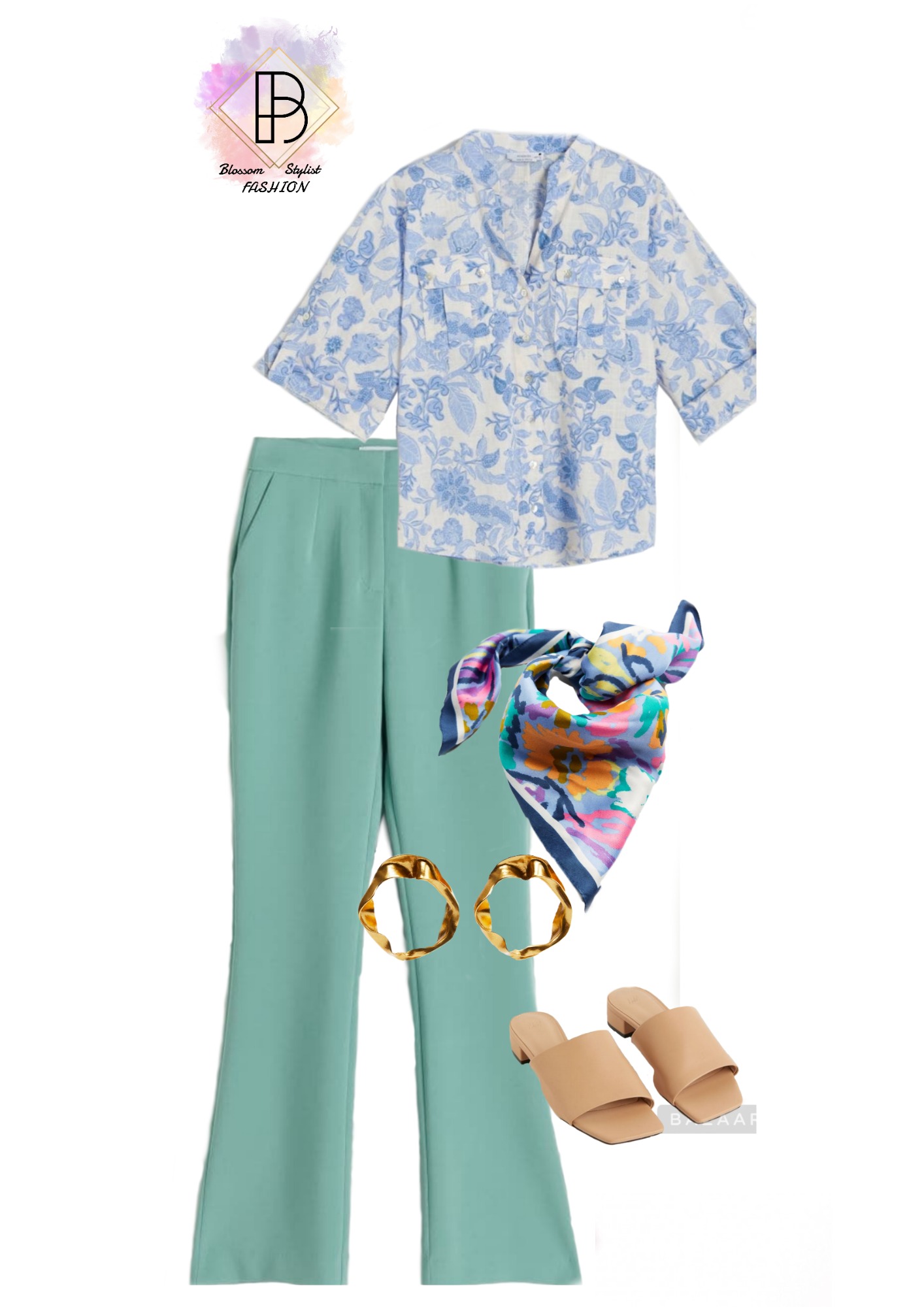 Kompozycja odzieżowa: bluzka w niebieskie kwiaty, miętowe spodnie, wzorzysta apaszka, złote kolczyki i beżowe klapki na niskim obcasie, na białym tle.