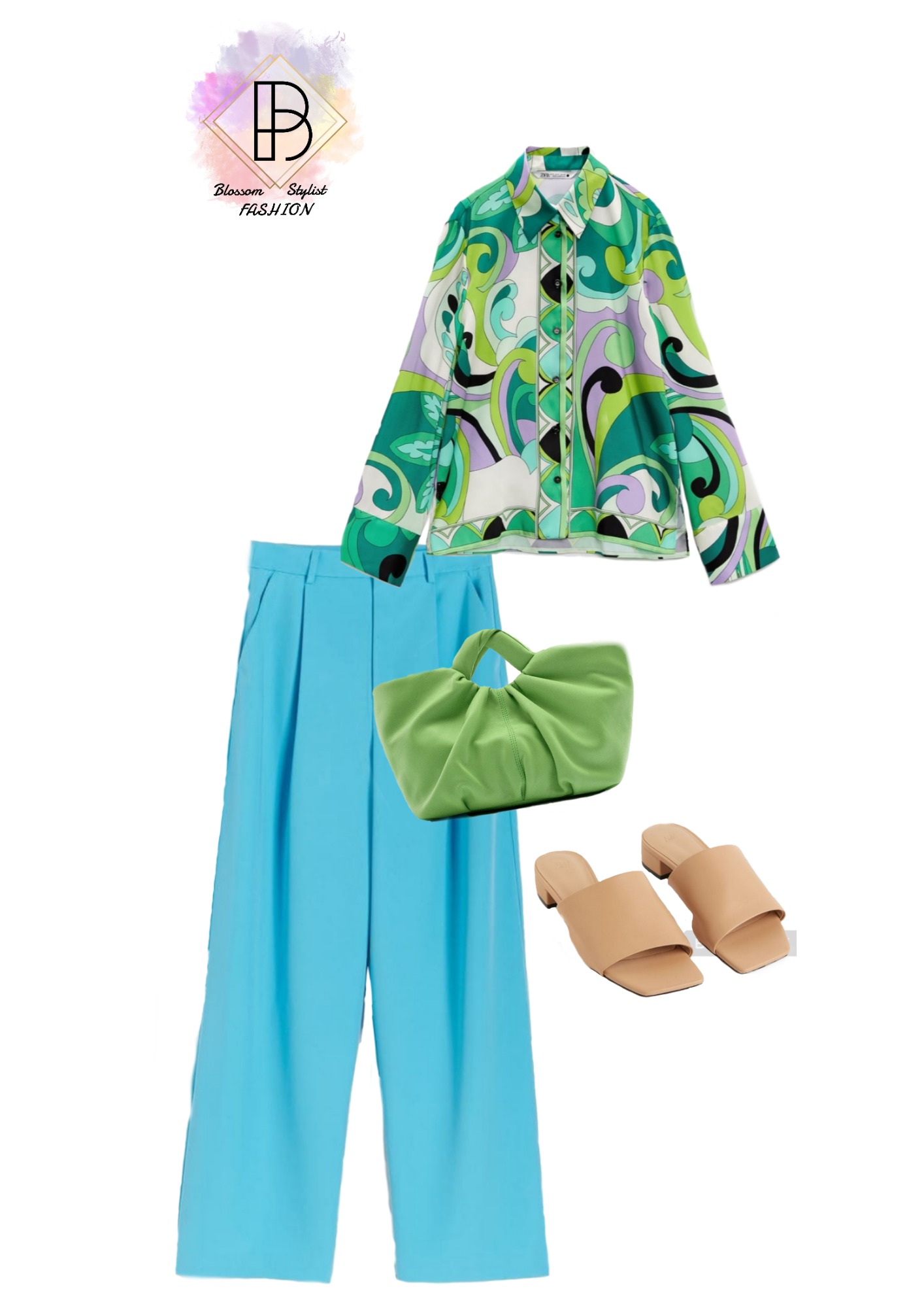 Stylizacja: wzorzysta koszula w odcieniach zieleni i fioletu, błękitne spodnie palazzo, jasnozielona torebka typu shopper i beżowe klapki na niskim obcasie, ułożone na białym tle.