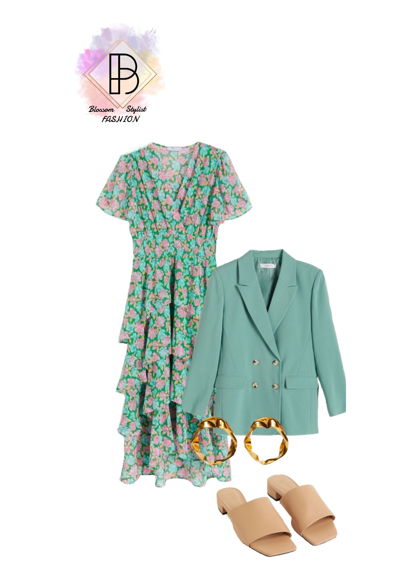 Kompozycja odzieży: sukienka w kwiaty, miętowa marynarka dwurzędowa, beżowe klapki na obcasie i złote kolczyki, prezentowana na białym tle.