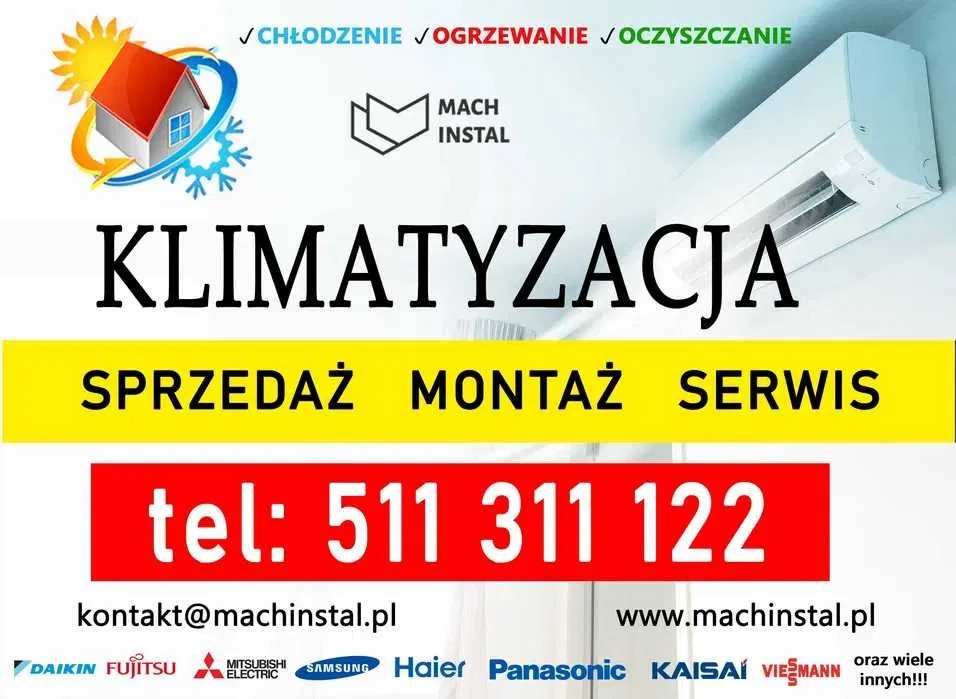 Grafika reklamowa firmy MachInstal oferującej klimatyzację, montaż i serwis, z widocznym klimatyzatorem, logo firmy, informacjami kontaktowymi i logo producentów.