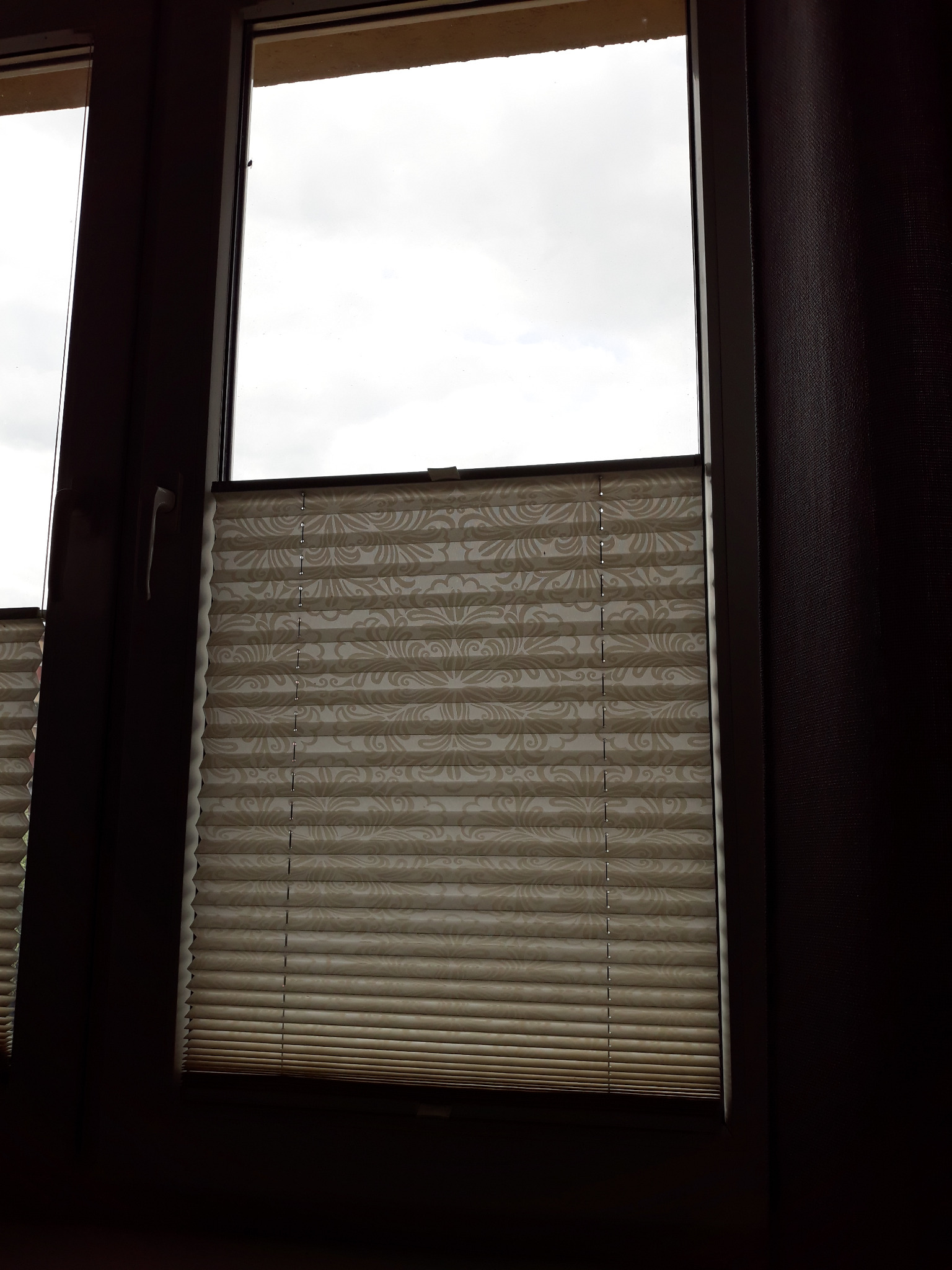Zasłonięte okno z plisowaną roletą w kolorze beżowym z delikatnym wzorem roślinnym, widoczne sznurki podtrzymujące, przyciemnione pomieszczenie.